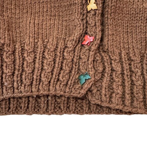 Vintage Handknit X-Large Sweater Cardigan Leaves Fall Dark Brown Womens READ - Picture 16 of 16